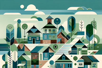 KI generierte Illustration: Stilisiert; Rurbanes gemeinschaftliches Wohnen grüne und blaue Farbtöne