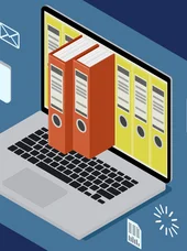 Zertifikatslehrgang Digitalisierungsbeauftragter Ein Laptop, aus dessen Bildschirm zwei Ordner hervorkommen.
