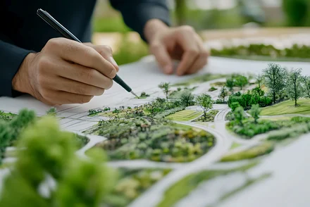 vhw–BDLA Kooperation Eine Person erstellt mit einem Stift eine grüne Landschaft.